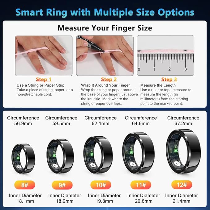 Smart Ring Health Tracker for Men Women, Waterproof Fitness Ring, Bluetooth Connected Health Ring, Activity Tracker Records Steps Distance Calories, Compatible with Android & iOS