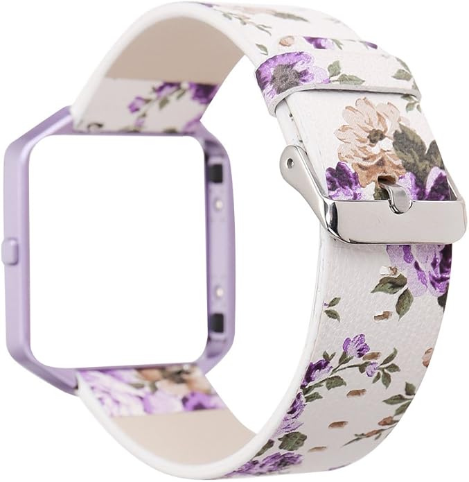 Women Flower Strap for Fitbit Blaze Bands, Genuine Soft Leather Replacement Wristband Bracelet Metal Frame for Fitbit Blaze Smart Fitness Watch