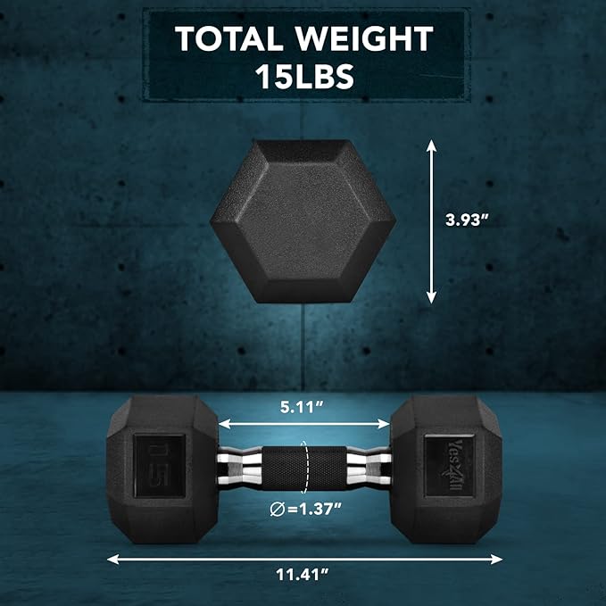 Yes4All Rubber Grip Encased Hex Dumbbell – Hand Weights With Anti-Slip 5-50 LBS Single
