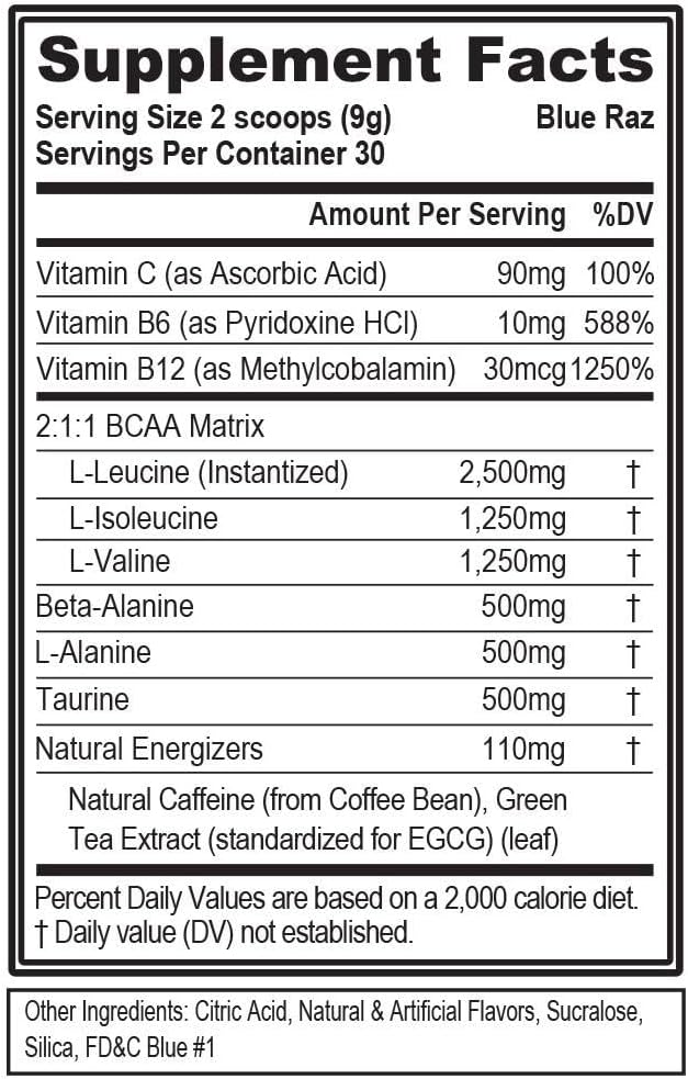 EVL BCAAs Amino Acids Powder - BCAA Energy Pre Workout Powder for Muscle Recovery Lean Growth and Endurance - Rehydrating Post Workout Recovery Drink with Natural Caffeine - Blue Raz