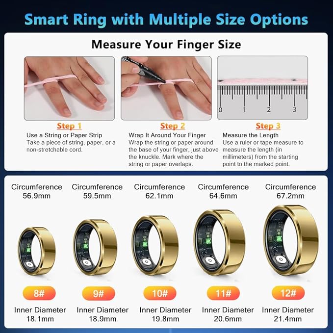Smart Ring Health Tracker for Men Women, Waterproof Fitness Ring, Bluetooth Connected Health Ring, Activity Tracker Records Steps Distance Calories, Compatible with Android & iOS