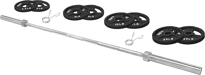 Signature Fitness Cast Iron Olympic 2-Inch Weight Plates Including 7FT Olympic Barbell, 130-Pound, 300-Pound or 325-Pound Set, Multiple Packages