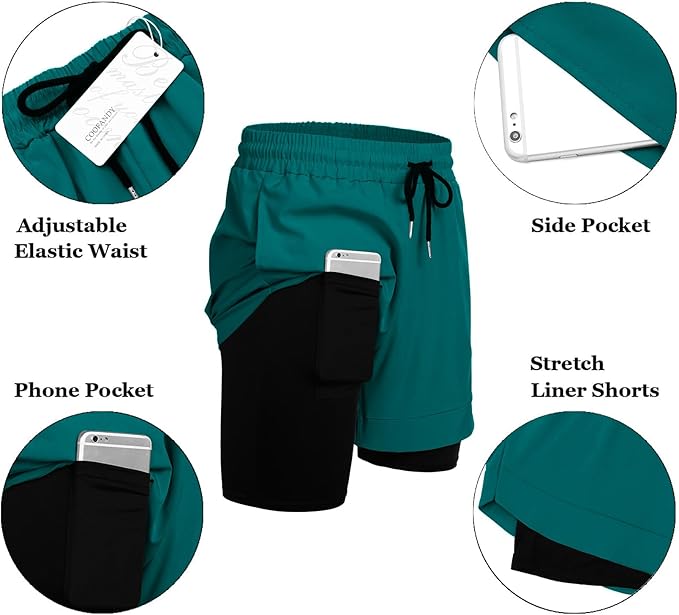 COOFANDY Men's 2 Pack Running Shorts 2 in 1 Workout Shorts Quick Dry Gym Training Athletic Jogger with Phone Pockets