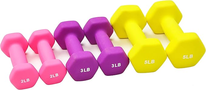 Neoprene Dumbbell Hand Weights, Anti-Slip, Anti-roll, Hex Shape Colorful, Pair or Set with Stand