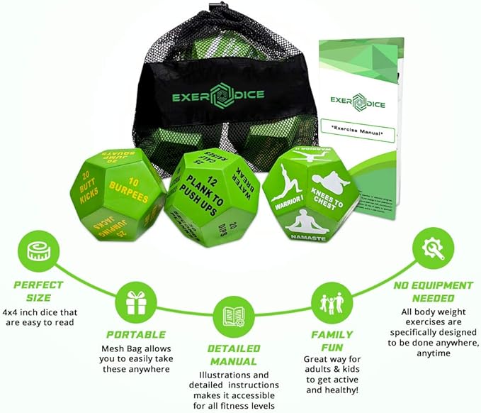 3-Pack Exercise Dice Bundle with Fitness Manual & Bag | Perfect for HIIT, Cardio, Yoga, Stretching, Strength Training, Sports, Crossfit, Plyometrics, Body Weight, Group Classes, All Ages, WOD