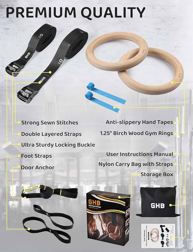 GHB Gymnastic Rings Wooden Gym Rings 1.25'' Training