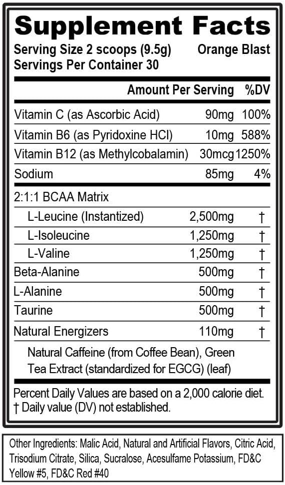EVL BCAAs Amino Acids Powder - Rehydrating BCAA Powder Post Workout Recovery Drink with Natural Caffeine - BCAA Energy Pre Workout Powder for Muscle Recovery Lean Growth and Endurance - Orange Blast