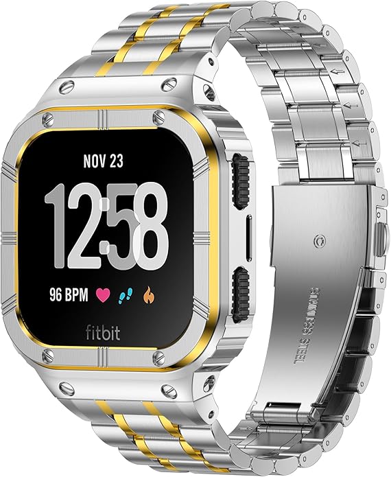 Stainless Steel Watch Band with Case Compatible for Fitbit Versa/Fitbit Sense Bands, Rugged Protective Bumper Metal Wristbands for Men Women
