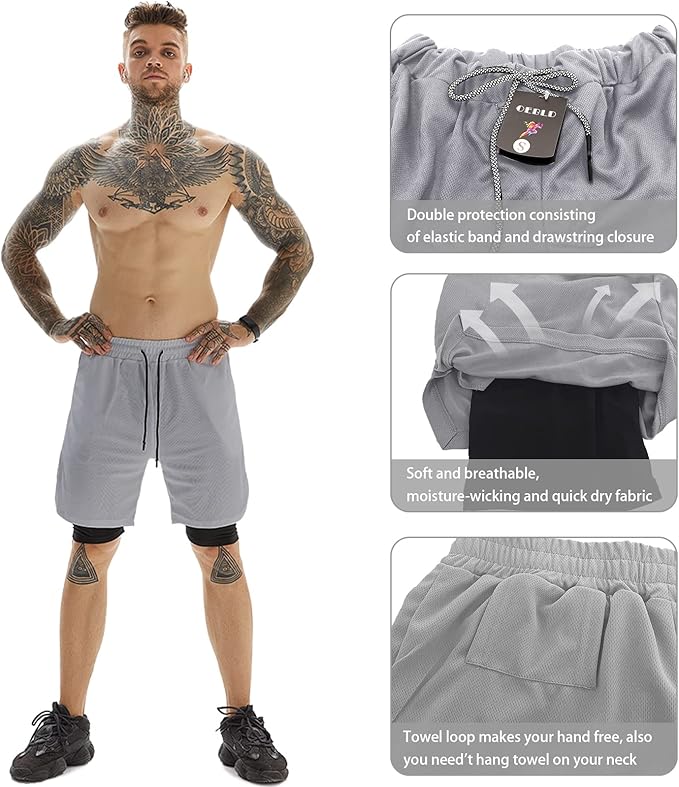 OEBLD Mens Athletic Shorts 2-in-1 Gym Workout Running 7'' Shorts with Towel Loop
