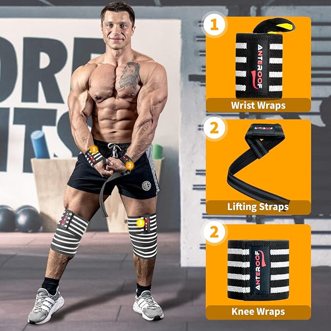 Strength Training Kit: Knee Wraps, Wrist Wraps, and Lifting Straps Set (3 Pairs) - Ultimate Protection for Weightlifting, Bodybuilding, and Fitness Workouts