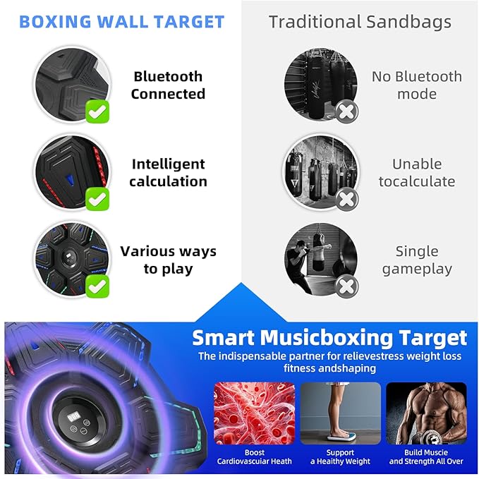 Music Boxing Machine with Boxing Gloves, Wall Mounted Intelligent Bluetooth Music Boxing Trainer, Home, Office and Gym Indoor Electronic Boxing Target Training Punching Equipment with Glove