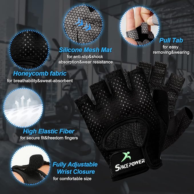 spacepower Workout Gloves - Lightweight Breathable Gym Gloves for Women & Men's Exercise