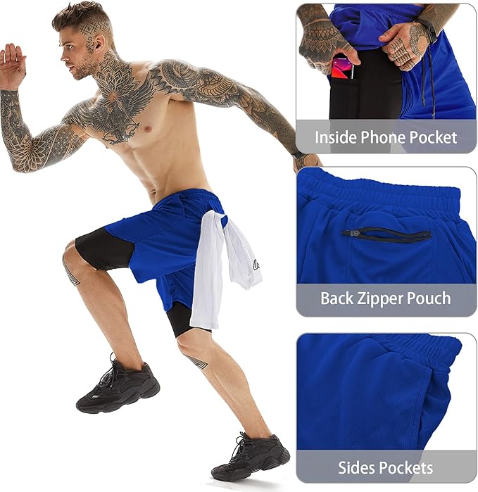 OEBLD Mens Athletic Shorts 2-in-1 Gym Workout Running 7'' Shorts with Towel Loop