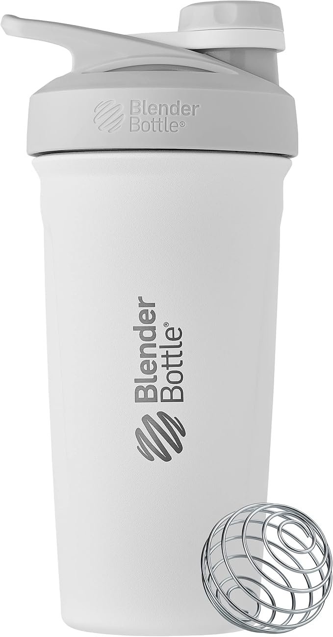 BlenderBottle Strada Twist Cap Shaker Cup Insulated Stainless Steel Water Bottle with Wire Whisk, 24-Ounce, White