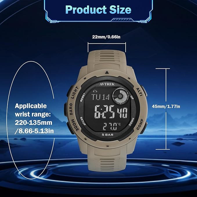 Tactical Watch with Compass,50M Waterproof Pedometer, Digital Altimeter Watch for Outdoor Hiking/Climbing(Cafe)