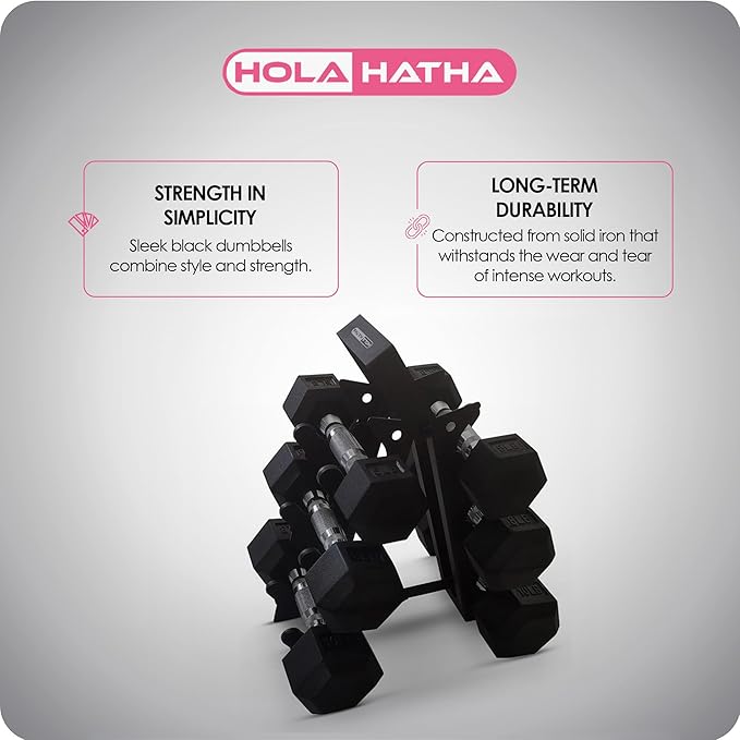 HolaHatha Hexagonal Dumbbell Free Hand Weight Set w/Rack