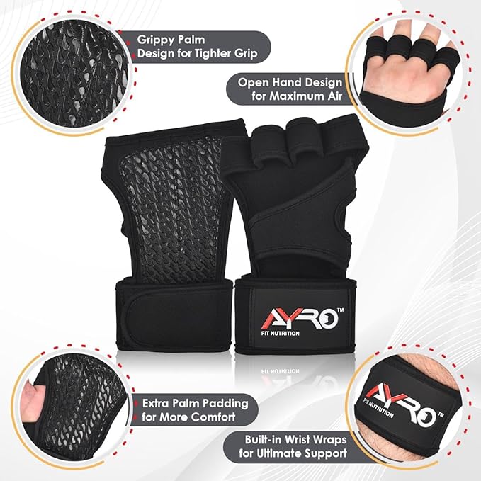 AYRO Ventilated Weightlifting Workout Gloves for Men & Women, Gym Gloves with Built-in Wrist Wraps for Men & Women-Best for Weightlifting, Gym Fitness, Hand Support & Cross Training