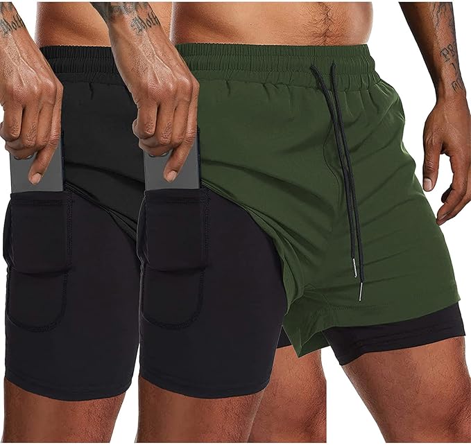 COOFANDY Men's 2 Pack Running Shorts 2 in 1 Workout Shorts Quick Dry Gym Training Athletic Jogger with Phone Pockets