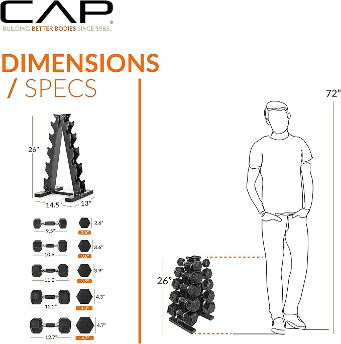 CAP Barbell 150 LB Coated Hex Dumbbell Weight Set with Vertical Rack | Multiple Options