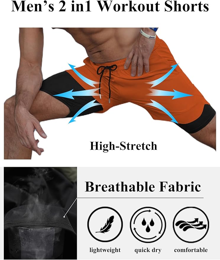 COOFANDY Men's 2 Pack Running Shorts 2 in 1 Workout Shorts Quick Dry Gym Training Athletic Jogger with Phone Pockets