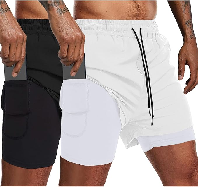 COOFANDY Men's 2 Pack Running Shorts 2 in 1 Workout Shorts Quick Dry Gym Training Athletic Jogger with Phone Pockets