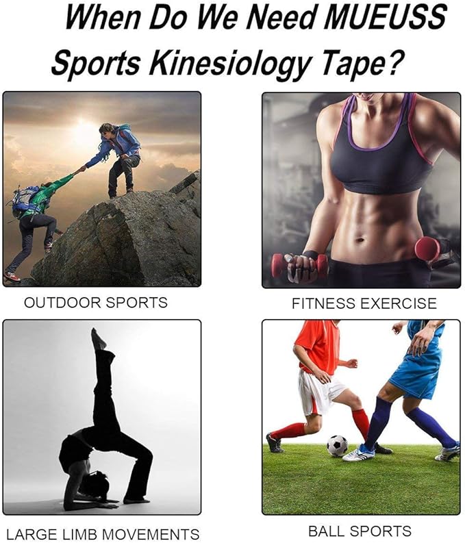 MUEUSS Kinesiology Tape Elastic Cotton Athletic Tape Precut Strips,Waterproof Tape for Protects Muscles,Knees,Shoulders Plantar Fasciitis Pain Relief,Pregnancy Belly Tape (2rolls Black&Blue)