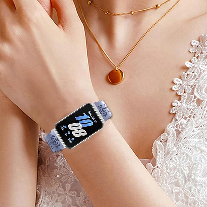 3 Pack Sport Bands Compatible with Samsung Galaxy Fit 3, Slim Lace Breathable Rose Hollowed-out & Leopard Engraved Silicone Replacement Straps Wristbands for Galaxy Fit3 SM-R390 Smart Watch Women Men