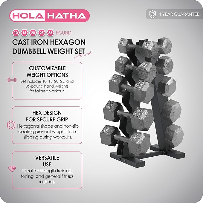 HolaHatha Hexagonal Dumbbell Free Hand Weight Set w/Rack