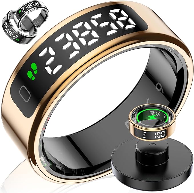 Smart Ring with LED Display Screen, Fitness Tracker Smart Rings for Women Men, Health Ring for iOS & Android, Sleep Tracker Ring Compatible with Heart Rate, SpO2, Sleep, Step (Rose Gold, 9)