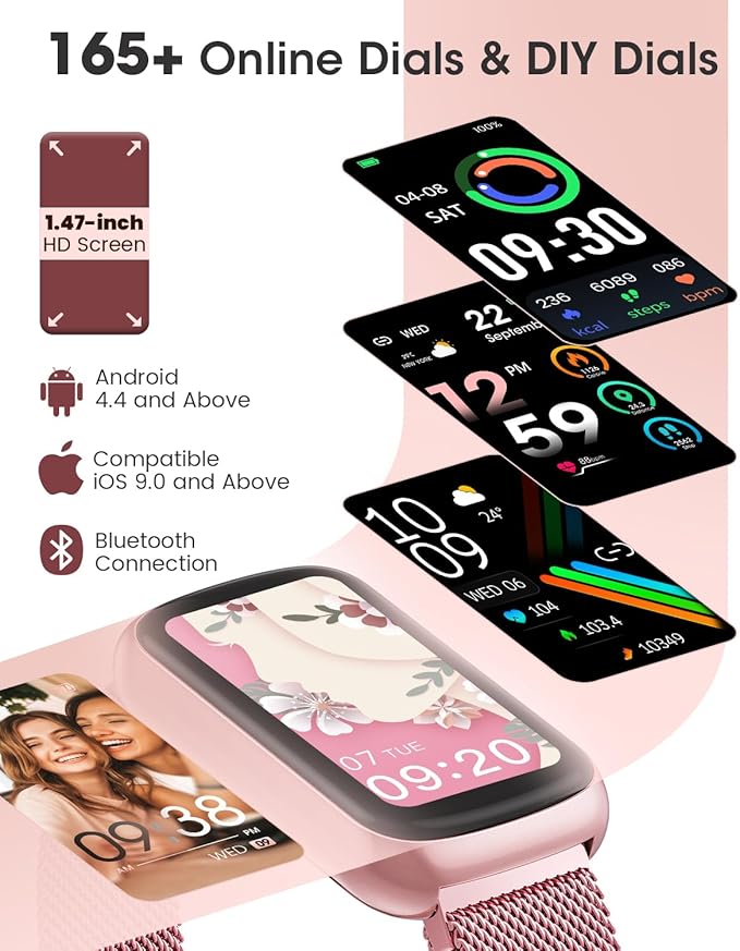 Fitness Tracker, 20+ Sport Modes Fitness Watches for Women with Steps/Distance/Calorie Tracker, Smart Watch for Android/iOS Phones, IP68 Smart Watches for Women, Step Pedometer, Gift (Pink)