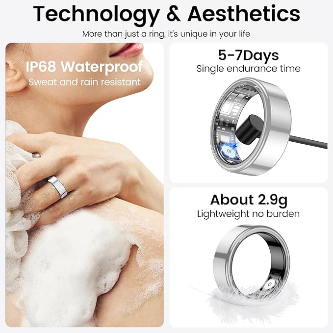 Temdan Smart Ring, Wearable Fitness Tracker, Sleep Quality & Heart Rate & Blood Oxygen Monitoring, IP68 Waterproof, No Subscription Fees, Silver, Size 11