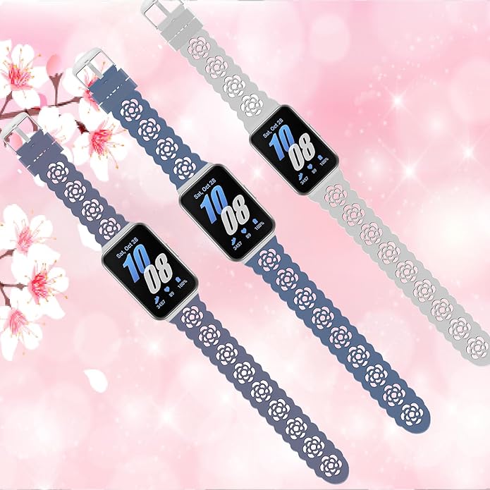 3 Pack Sport Bands Compatible with Samsung Galaxy Fit 3, Slim Lace Breathable Rose Hollowed-out & Leopard Engraved Silicone Replacement Straps Wristbands for Galaxy Fit3 SM-R390 Smart Watch Women Men
