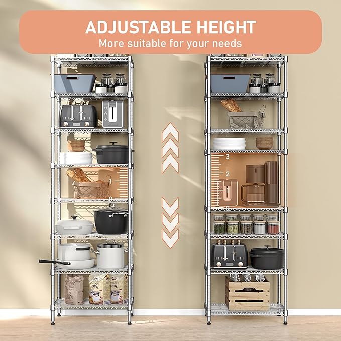 MZG 8 Tier 2000 lbs Storage Rack Metal Wire Shelving Unit, Storage Standing Shelf Organizer for Laundry Bathroom Kitchen Pantry Closet Garage Basement Utility Room, Chrome 13.8" D x 23.6" W x 79.5" H