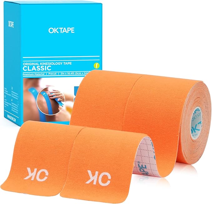 OK TAPE Kinesiology Tape 10 inches Precut, 20 Strips, Cotton Elastic Athletic Tape Latex Free, 2inch x 16ft, 2 Rolls Orange
