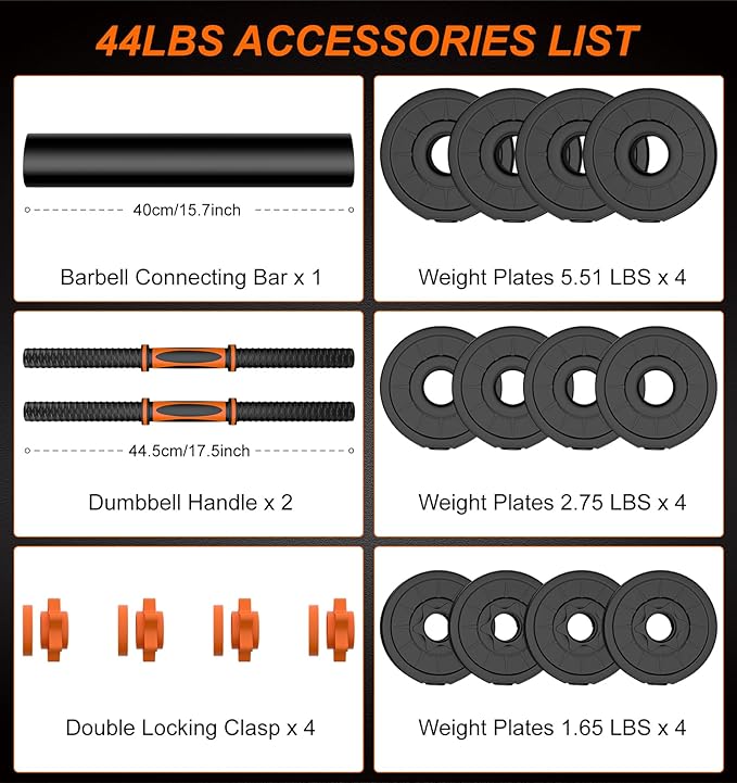 44LB Adjustable Dumbbelsll Set of 2 4 in 1, Barbell