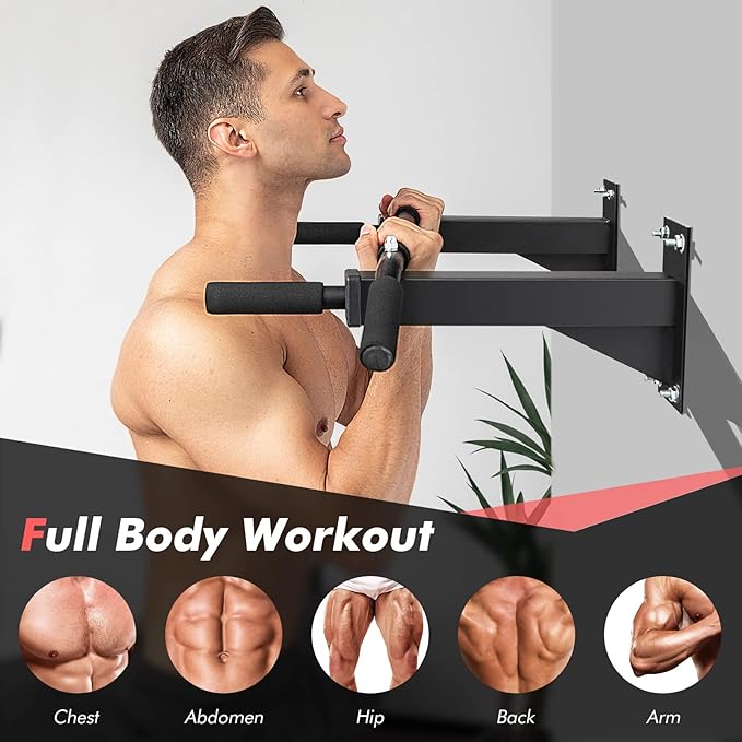 Goplus Wall Mounted Pull Up Bar 3 Grip 440 LBS