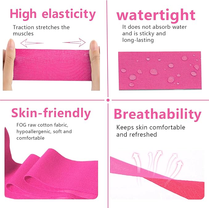 Kinesiology Tape Pro 5 Rolls, 2 Inch High Elasticity Sports Tape Therapeutic Pain Relief–Physio Tape for Muscle Recovery & Joint Support, Waterproof & Hypoallergenic & Breathable–Pink