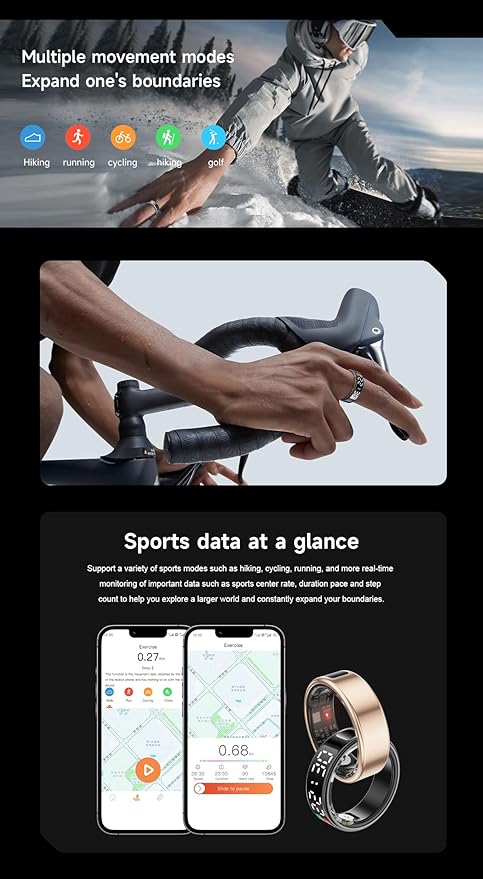 Fitness Tracker Ring, Smart Ring with Display & Charging Case, Accurate Monitoring of Pedometer, Heart & Temperature, IP68 Waterproof, 5-Day Battery Life, Black