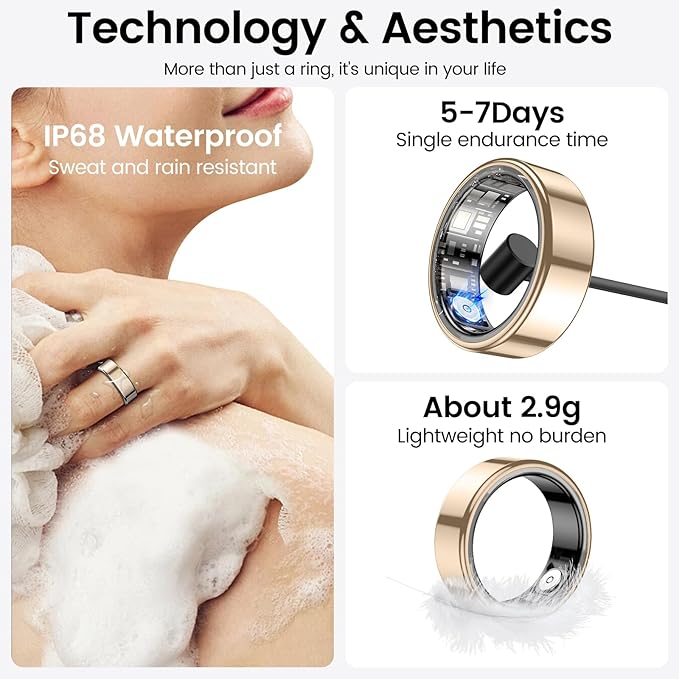 Temdan Smart Ring (Upgraded), Wearable Fitness Smart Ring Health Tracker, Sleep Quality & Heart Rate & Blood Oxygen Monitoring, IP68 Waterproof, No Subscription Fees, Smart Ring, Gold, Size 11