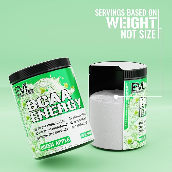 EVL BCAAs Amino Acids Powder - Rehydrating BCAA Powder Post Workout Recovery Drink with Natural Caffeine - BCAA Energy Pre Workout Powder for Muscle Recovery Lean Growth and Endurance - Green Apple