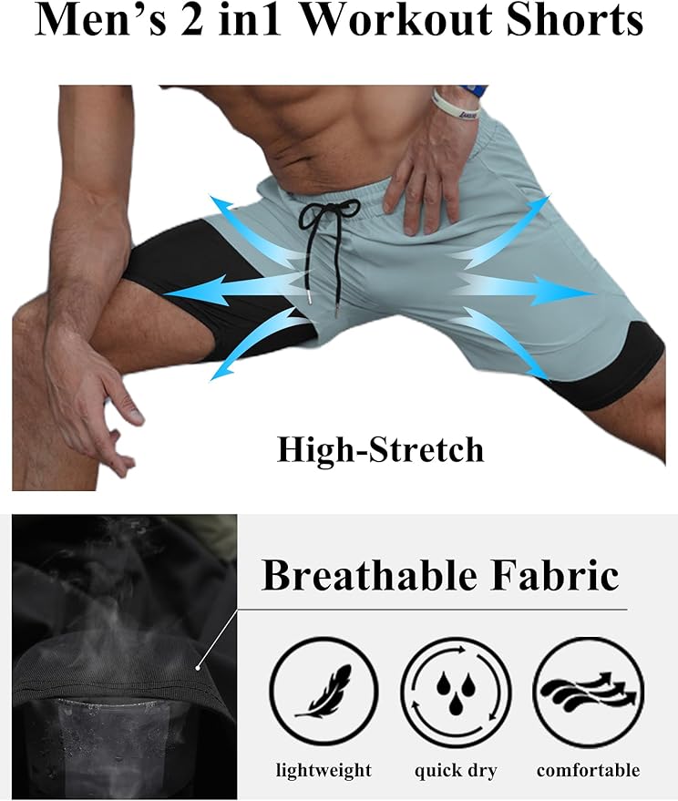 COOFANDY Men's 2 Pack Running Shorts 2 in 1 Workout Shorts Quick Dry Gym Training Athletic Jogger with Phone Pockets