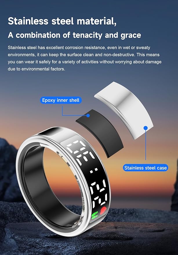 Fitness Tracker Ring, Smart Ring with Display & Charging Case, Accurate Monitoring of Pedometer, Heart & Temperature, IP68 Waterproof, 5-Day Battery Life, Black