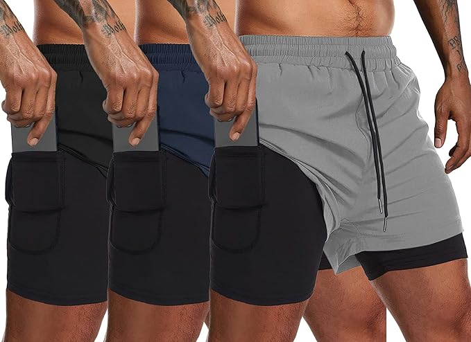 COOFANDY Men's 2 Pack Running Shorts 2 in 1 Workout Shorts Quick Dry Gym Training Athletic Jogger with Phone Pockets