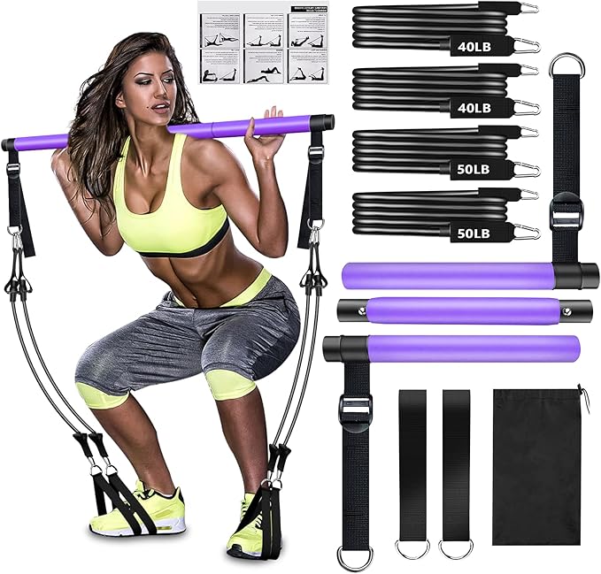 Pilates Bar Kit with Resistance Bands,Pilates Bar with Stackable Bands Workout Equipment for Legs,Hip,Waist and Arm,Exercise Fitness Equipment for Women & Men Home Gym Yoga Pilates