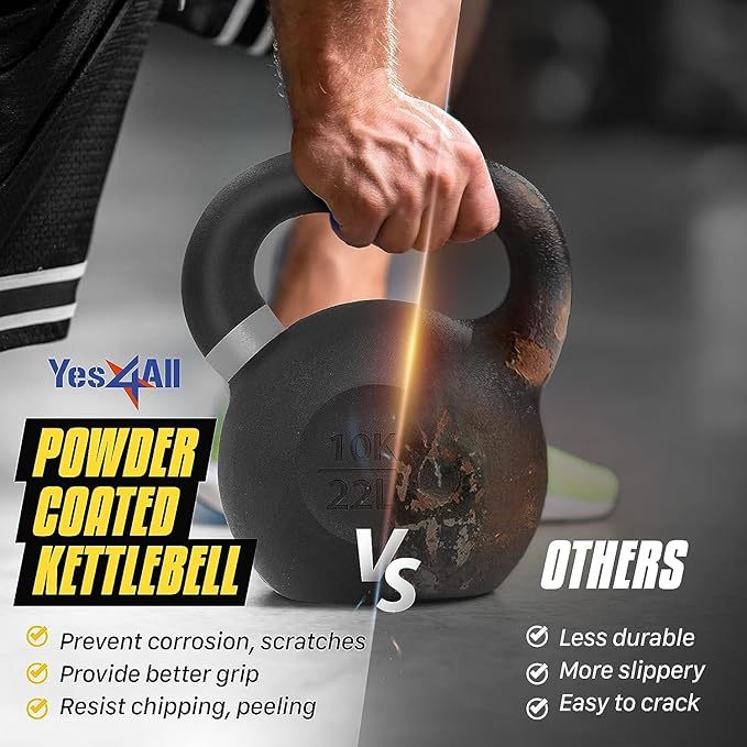 Yes4All Powder Coated Cast Iron Kettlebell Strength Training Kettlebells Weight Set for Full Body Workout, Home Gym