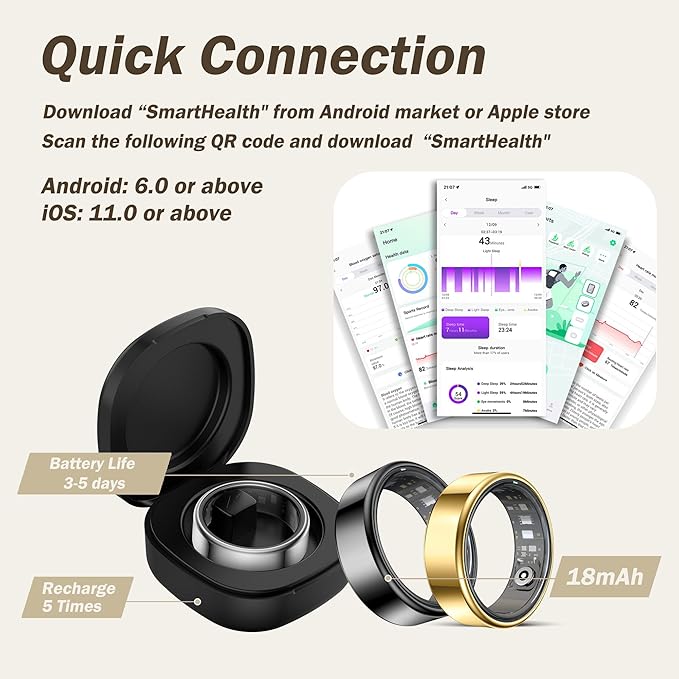 Smart Ring for Men Women Health Rings Heart Rate Sleep Monitor Step Counter Pedometer Sports Ring Fashion Fitness Tracker Ring with Charging Case Gold Rings for Android iOS Phones