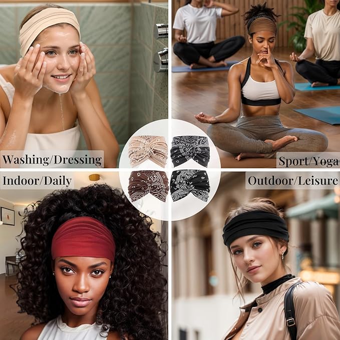 Wide Headbands for Women Yoga Running Sports Headhand Bandana Boho Non Slip Sweat Head Bands Accessories 4 Pack