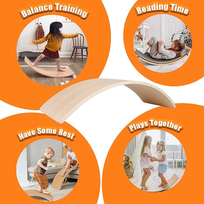 Wobble Balance Board for kids Toddler Open Ended Learning, 35 Inch Natural Wood Rocker Board for Children's Room Yoga Classroom
