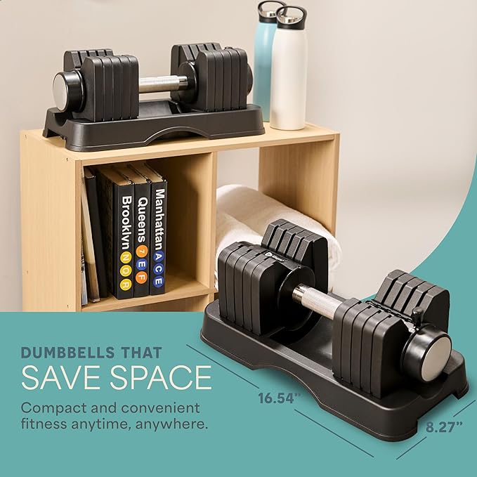 Lifepro Adjustable Dumbbells Set - 5in1-15lb 25lb 43lb weights Set & Single with Rack - Quick Adjust, Secure Grip - Compact Hand Weights for Men Women Home Gym