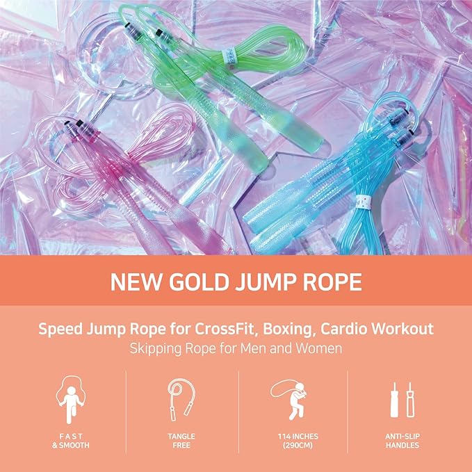 Exercise Jump Rope for Cardio, Boxing, CrossFit - Adjustable Skipping Rope for Men and Women, Lightweight, Tangle Free, Made in Korea(Crystal Gold Jumprope, UA-430)